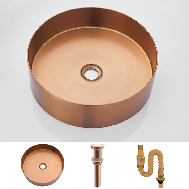 Modern Basin Sink Metal Round with Pop-Up Drain and Faucet Vessel Bathroom Sink Rose Gold None Sink Clearhalo 'Bathroom Remodel & Bathroom Fixtures' 'Bathroom Sinks & Faucet Components' 'Bathroom Sinks' 'bathroom_sink' 'Home Improvement' 'home_improvement' 'home_improvement_bathroom_sink' 6467829
