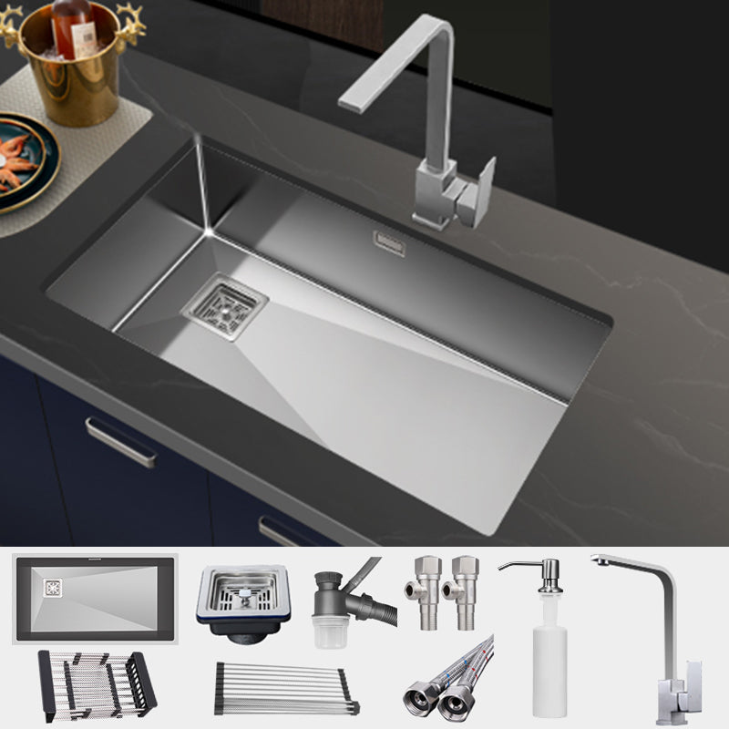 Contemporary Style Kitchen Sink Stainless Steel 1 Holes Undermount Kitchen Sink Sink with Faucet Square Faucet Clearhalo 'Home Improvement' 'home_improvement' 'home_improvement_kitchen_sinks' 'Kitchen Remodel & Kitchen Fixtures' 'Kitchen Sinks & Faucet Components' 'Kitchen Sinks' 'kitchen_sinks' 6467937