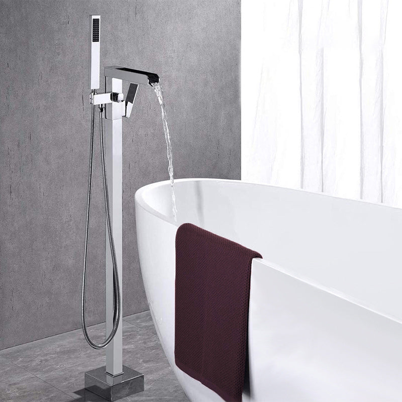 Floor Mounted Metal Freestanding Tub Filler Swivel Freestanding Faucet with Hose Chrome Waterfall Faucet Included Clearhalo 'Bathroom Remodel & Bathroom Fixtures' 'Bathtub Faucets' 'bathtub_faucets' 'Home Improvement' 'home_improvement' 'home_improvement_bathtub_faucets' 6468146