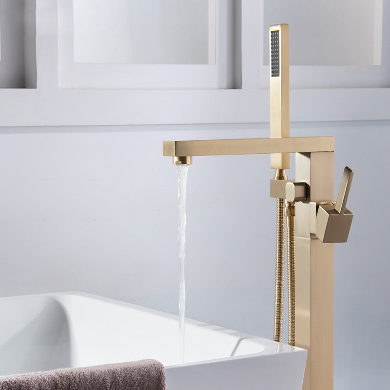 Floor Mounted Metal Freestanding Tub Filler Swivel Freestanding Tub Filler Trim in Gold Clearhalo 'Bathroom Remodel & Bathroom Fixtures' 'Bathtub Faucets' 'bathtub_faucets' 'Home Improvement' 'home_improvement' 'home_improvement_bathtub_faucets' 6468162