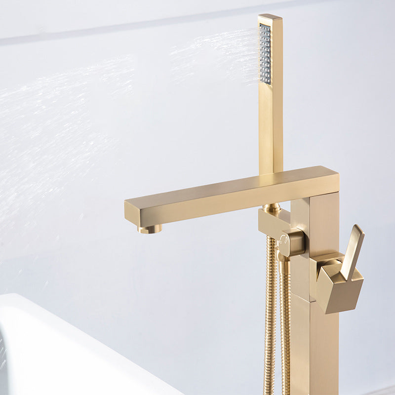 Floor Mounted Metal Freestanding Tub Filler Swivel Freestanding Tub Filler Trim in Gold Clearhalo 'Bathroom Remodel & Bathroom Fixtures' 'Bathtub Faucets' 'bathtub_faucets' 'Home Improvement' 'home_improvement' 'home_improvement_bathtub_faucets' 6468163