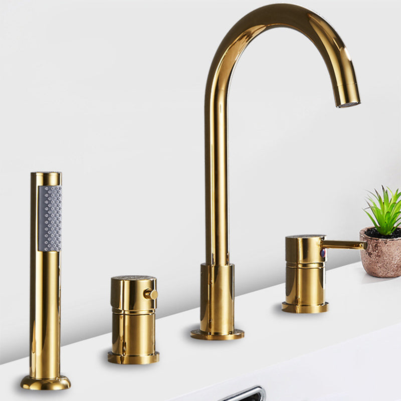 Deck Mounted Metal Roman Tub Faucet Low Arc Roman Tub Faucet Set Dark Gold Clearhalo 'Bathroom Remodel & Bathroom Fixtures' 'Bathtub Faucets' 'bathtub_faucets' 'Home Improvement' 'home_improvement' 'home_improvement_bathtub_faucets' 6468185