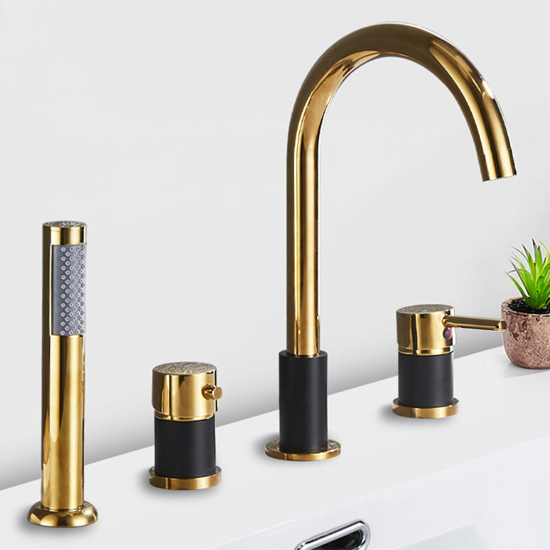 Deck Mounted Metal Roman Tub Faucet Low Arc Roman Tub Faucet Set Black-Gold Clearhalo 'Bathroom Remodel & Bathroom Fixtures' 'Bathtub Faucets' 'bathtub_faucets' 'Home Improvement' 'home_improvement' 'home_improvement_bathtub_faucets' 6468186
