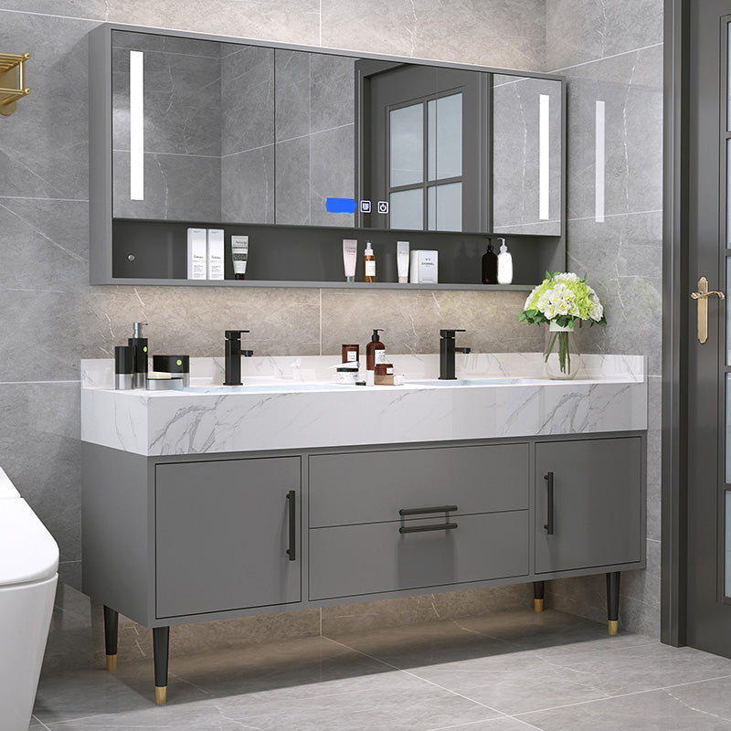 Mirror Bath Vanity Set Grey Metal Frame 2 Doors Rectangle Vanity with Drawers Clearhalo 'Bathroom Remodel & Bathroom Fixtures' 'Bathroom Vanities' 'bathroom_vanities' 'Home Improvement' 'home_improvement' 'home_improvement_bathroom_vanities' 6470157