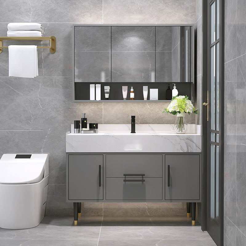 Mirror Bath Vanity Set Grey Metal Frame 2 Doors Rectangle Vanity with Drawers Vanity & Faucet & Mirror Cabinet Clearhalo 'Bathroom Remodel & Bathroom Fixtures' 'Bathroom Vanities' 'bathroom_vanities' 'Home Improvement' 'home_improvement' 'home_improvement_bathroom_vanities' 6470158