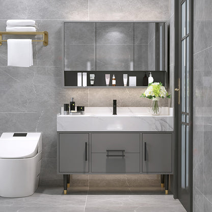 Mirror Bath Vanity Set Grey Metal Frame 2 Doors Rectangle Vanity with Drawers Vanity & Faucet & Mirror Cabinet Clearhalo 'Bathroom Remodel & Bathroom Fixtures' 'Bathroom Vanities' 'bathroom_vanities' 'Home Improvement' 'home_improvement' 'home_improvement_bathroom_vanities' 6470158