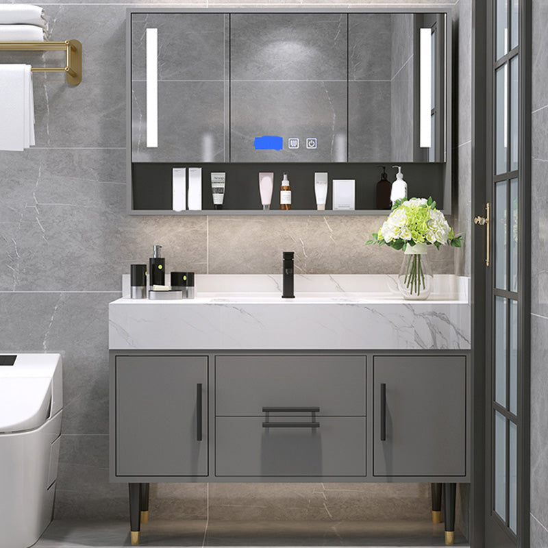 Mirror Bath Vanity Set Grey Metal Frame 2 Doors Rectangle Vanity with Drawers Vanity & Faucet & Smart Medicine Cabinet Clearhalo 'Bathroom Remodel & Bathroom Fixtures' 'Bathroom Vanities' 'bathroom_vanities' 'Home Improvement' 'home_improvement' 'home_improvement_bathroom_vanities' 6470159
