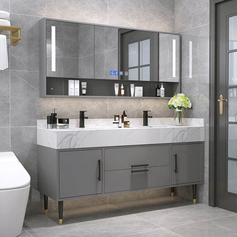 Mirror Bath Vanity Set Grey Metal Frame 2 Doors Rectangle Vanity with Drawers Clearhalo 'Bathroom Remodel & Bathroom Fixtures' 'Bathroom Vanities' 'bathroom_vanities' 'Home Improvement' 'home_improvement' 'home_improvement_bathroom_vanities' 6470160