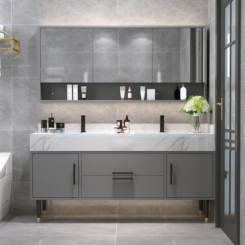 Mirror Bath Vanity Set Grey Metal Frame 2 Doors Rectangle Vanity with Drawers Vanity & Faucet & Mirror Cabinet Clearhalo 'Bathroom Remodel & Bathroom Fixtures' 'Bathroom Vanities' 'bathroom_vanities' 'Home Improvement' 'home_improvement' 'home_improvement_bathroom_vanities' 6470161