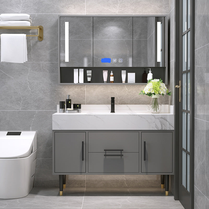 Mirror Bath Vanity Set Grey Metal Frame 2 Doors Rectangle Vanity with Drawers Clearhalo 'Bathroom Remodel & Bathroom Fixtures' 'Bathroom Vanities' 'bathroom_vanities' 'Home Improvement' 'home_improvement' 'home_improvement_bathroom_vanities' 6470162