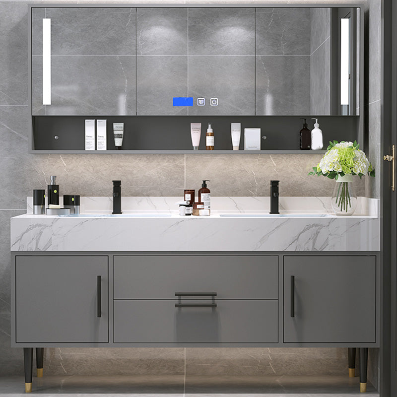 Mirror Bath Vanity Set Grey Metal Frame 2 Doors Rectangle Vanity with Drawers Vanity & Faucet & Smart Medicine Cabinet Clearhalo 'Bathroom Remodel & Bathroom Fixtures' 'Bathroom Vanities' 'bathroom_vanities' 'Home Improvement' 'home_improvement' 'home_improvement_bathroom_vanities' 6470163