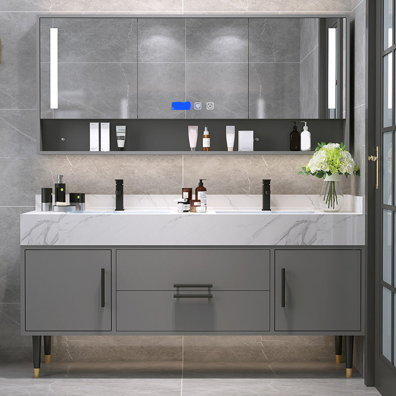 Mirror Bath Vanity Set Grey Metal Frame 2 Doors Rectangle Vanity with Drawers Clearhalo 'Bathroom Remodel & Bathroom Fixtures' 'Bathroom Vanities' 'bathroom_vanities' 'Home Improvement' 'home_improvement' 'home_improvement_bathroom_vanities' 6470164