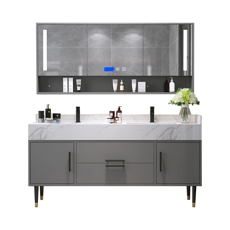 Mirror Bath Vanity Set Grey Metal Frame 2 Doors Rectangle Vanity with Drawers Clearhalo 'Bathroom Remodel & Bathroom Fixtures' 'Bathroom Vanities' 'bathroom_vanities' 'Home Improvement' 'home_improvement' 'home_improvement_bathroom_vanities' 6470165