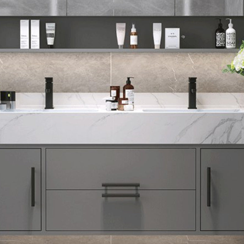 Mirror Bath Vanity Set Grey Metal Frame 2 Doors Rectangle Vanity with Drawers Clearhalo 'Bathroom Remodel & Bathroom Fixtures' 'Bathroom Vanities' 'bathroom_vanities' 'Home Improvement' 'home_improvement' 'home_improvement_bathroom_vanities' 6470166