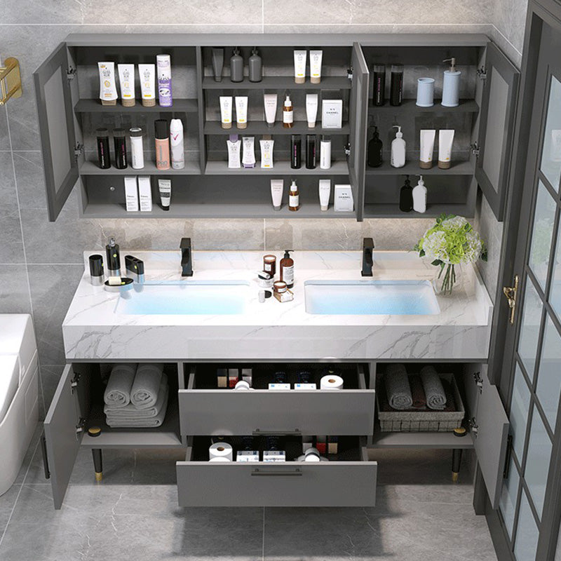 Mirror Bath Vanity Set Grey Metal Frame 2 Doors Rectangle Vanity with Drawers Clearhalo 'Bathroom Remodel & Bathroom Fixtures' 'Bathroom Vanities' 'bathroom_vanities' 'Home Improvement' 'home_improvement' 'home_improvement_bathroom_vanities' 6470168