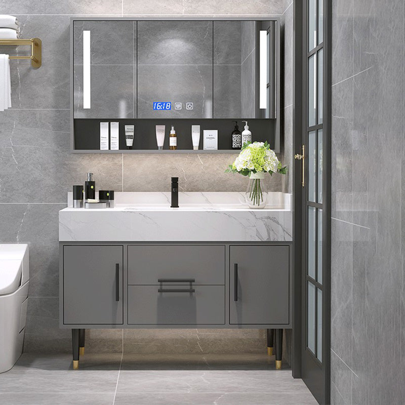 Mirror Bath Vanity Set Grey Metal Frame 2 Doors Rectangle Vanity with Drawers Clearhalo 'Bathroom Remodel & Bathroom Fixtures' 'Bathroom Vanities' 'bathroom_vanities' 'Home Improvement' 'home_improvement' 'home_improvement_bathroom_vanities' 6470169