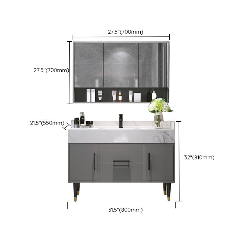 Mirror Bath Vanity Set Grey Metal Frame 2 Doors Rectangle Vanity with Drawers Clearhalo 'Bathroom Remodel & Bathroom Fixtures' 'Bathroom Vanities' 'bathroom_vanities' 'Home Improvement' 'home_improvement' 'home_improvement_bathroom_vanities' 6470170