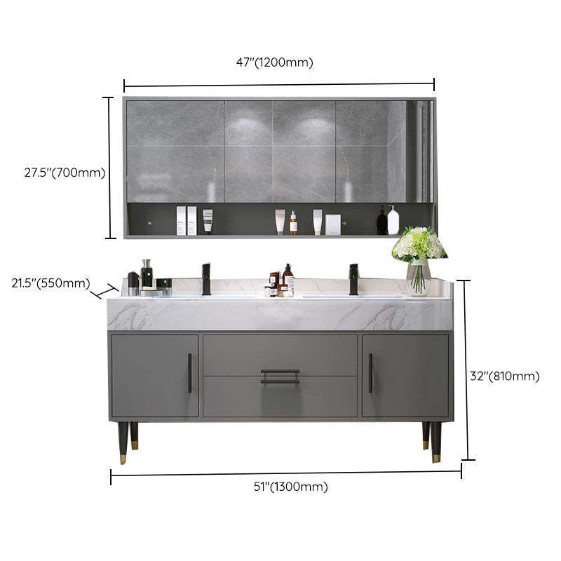 Mirror Bath Vanity Set Grey Metal Frame 2 Doors Rectangle Vanity with Drawers Clearhalo 'Bathroom Remodel & Bathroom Fixtures' 'Bathroom Vanities' 'bathroom_vanities' 'Home Improvement' 'home_improvement' 'home_improvement_bathroom_vanities' 6470175