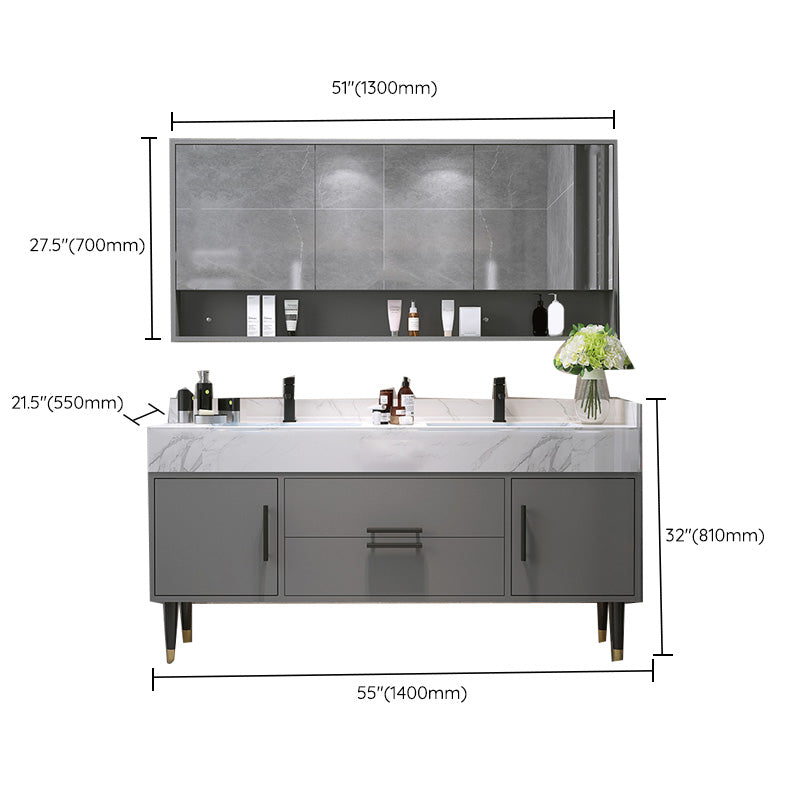 Mirror Bath Vanity Set Grey Metal Frame 2 Doors Rectangle Vanity with Drawers Clearhalo 'Bathroom Remodel & Bathroom Fixtures' 'Bathroom Vanities' 'bathroom_vanities' 'Home Improvement' 'home_improvement' 'home_improvement_bathroom_vanities' 6470176