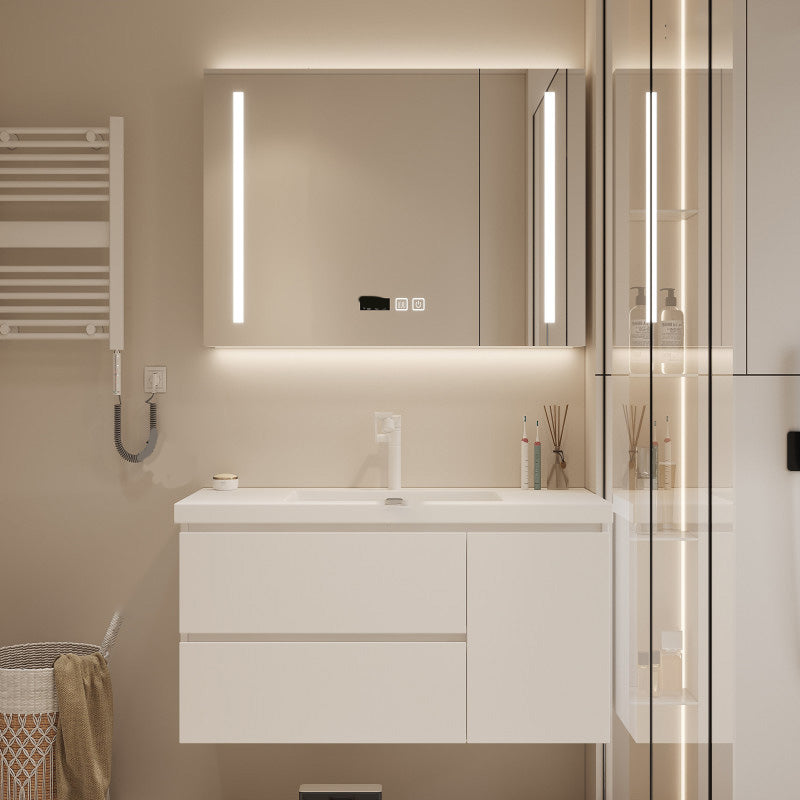 Drawers Vanity Set White Wood Rectangle Single Sink Wall Mount Bath Vanity with Mirror Vanity & Faucet & Smart Medicine Cabinet Clearhalo 'Bathroom Remodel & Bathroom Fixtures' 'Bathroom Vanities' 'bathroom_vanities' 'Home Improvement' 'home_improvement' 'home_improvement_bathroom_vanities' 6470308