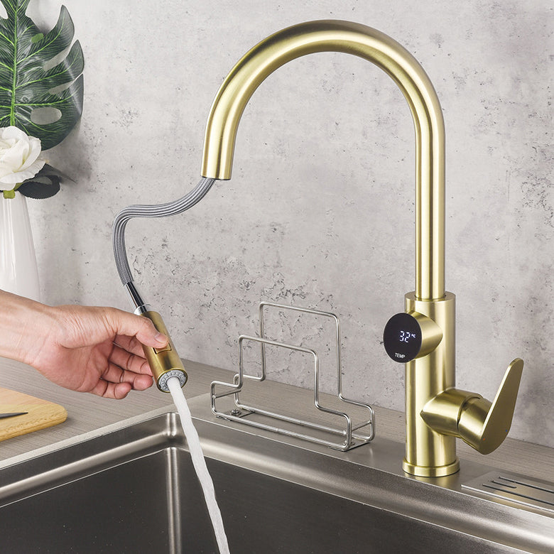 Modern Style Kitchen Faucet Stainless Steel 1-Handle High Arc Retractable Kitchen Faucet Clearhalo 'Home Improvement' 'home_improvement' 'home_improvement_kitchen_faucets' 'Kitchen Faucets' 'Kitchen Remodel & Kitchen Fixtures' 'Kitchen Sinks & Faucet Components' 'kitchen_faucets' 6484220