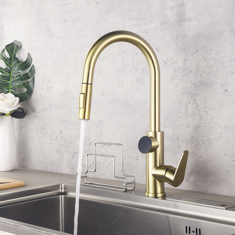 Modern Style Kitchen Faucet Stainless Steel 1-Handle High Arc Retractable Kitchen Faucet Gold Clearhalo 'Home Improvement' 'home_improvement' 'home_improvement_kitchen_faucets' 'Kitchen Faucets' 'Kitchen Remodel & Kitchen Fixtures' 'Kitchen Sinks & Faucet Components' 'kitchen_faucets' 6484221