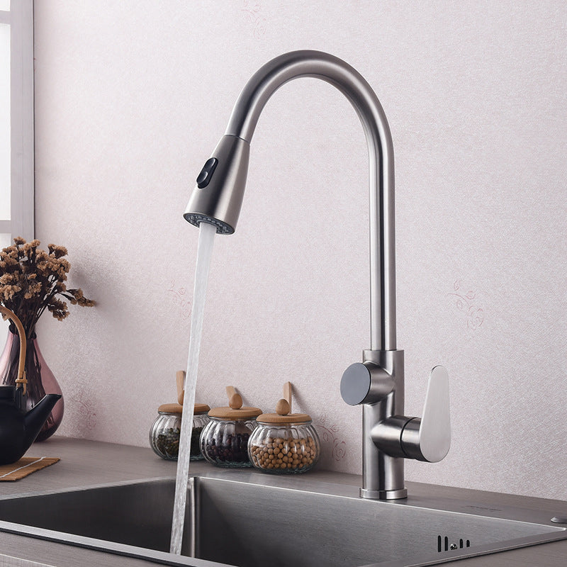 Modern Style Kitchen Faucet Stainless Steel 1-Handle High Arc Retractable Kitchen Faucet Silver Clearhalo 'Home Improvement' 'home_improvement' 'home_improvement_kitchen_faucets' 'Kitchen Faucets' 'Kitchen Remodel & Kitchen Fixtures' 'Kitchen Sinks & Faucet Components' 'kitchen_faucets' 6484226