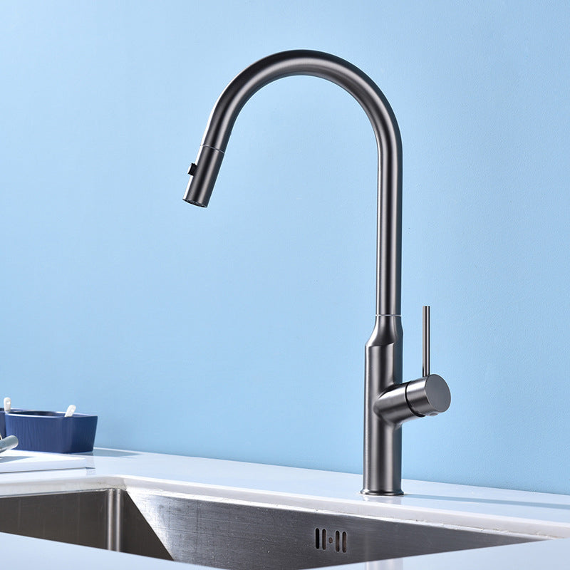 Modern Kitchen Faucet Stainless Steel 1-Handle High Arc Retractable Kitchen Faucet Silver Gray Clearhalo 'Home Improvement' 'home_improvement' 'home_improvement_kitchen_faucets' 'Kitchen Faucets' 'Kitchen Remodel & Kitchen Fixtures' 'Kitchen Sinks & Faucet Components' 'kitchen_faucets' 6484241