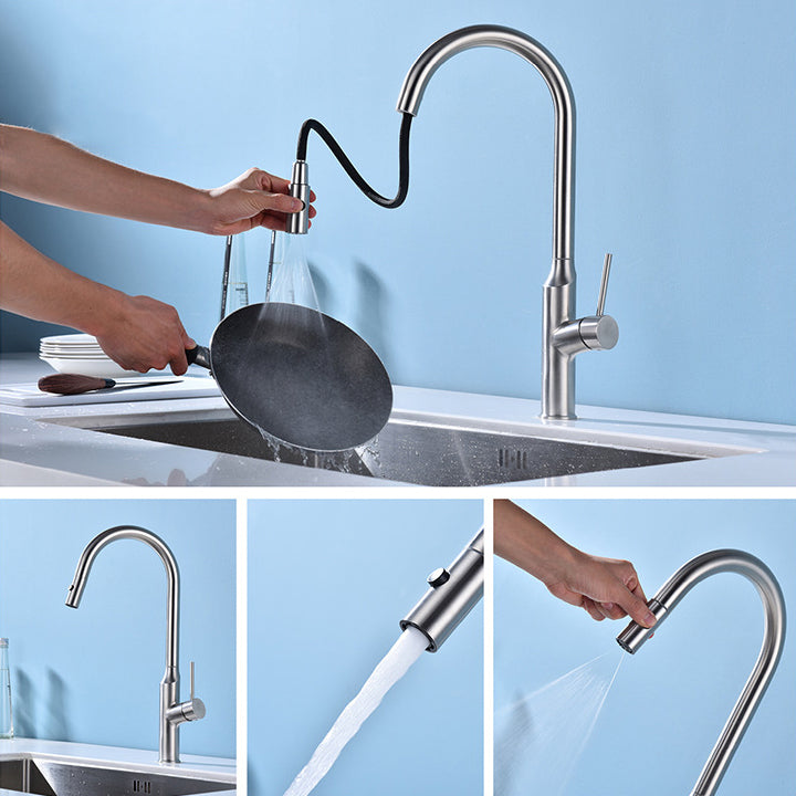 Modern Kitchen Faucet Stainless Steel 1-Handle High Arc Retractable Kitchen Faucet Clearhalo 'Home Improvement' 'home_improvement' 'home_improvement_kitchen_faucets' 'Kitchen Faucets' 'Kitchen Remodel & Kitchen Fixtures' 'Kitchen Sinks & Faucet Components' 'kitchen_faucets' 6484254