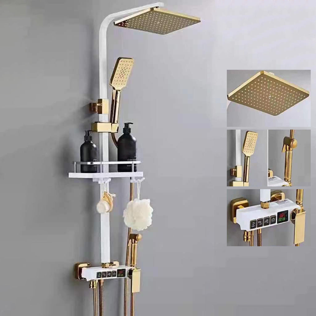 Modern Arm Swivel Shower Metal Shower Head Shower Faucet On Wall White-Gold Clearhalo 'Bathroom Remodel & Bathroom Fixtures' 'Home Improvement' 'home_improvement' 'home_improvement_shower_faucets' 'Shower Faucets & Systems' 'shower_faucets' 'Showers & Bathtubs Plumbing' 'Showers & Bathtubs' 6484431
