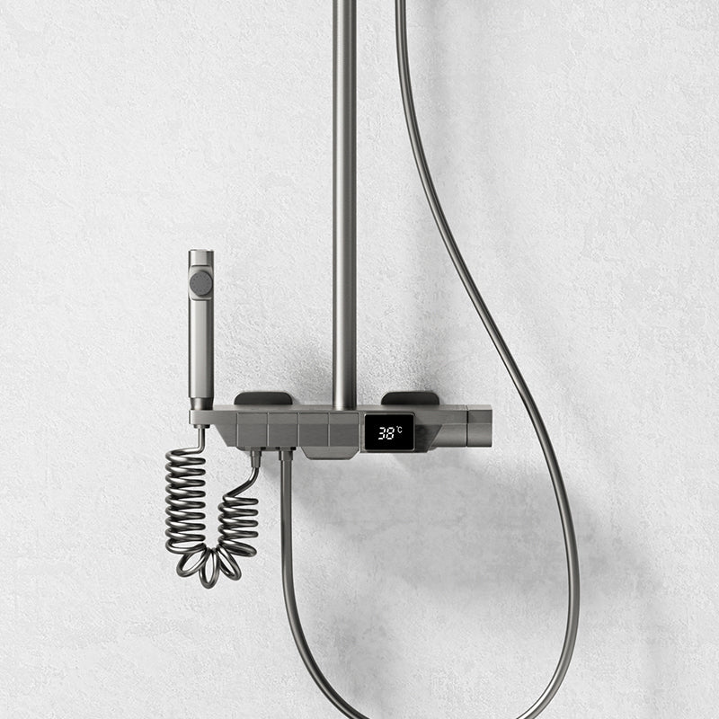 Modern Brass Shower Set 2 Shower Heads Shower Faucet in Gray and White Clearhalo 'Bathroom Remodel & Bathroom Fixtures' 'Home Improvement' 'home_improvement' 'home_improvement_shower_faucets' 'Shower Faucets & Systems' 'shower_faucets' 'Showers & Bathtubs Plumbing' 'Showers & Bathtubs' 6484485