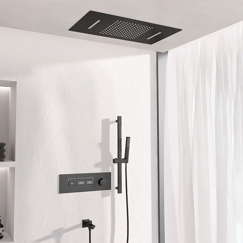 Contemporary Shower Set Dual Shower Head Thermostatic Wall Mounted Shower System Black Flush Mount Clearhalo 'Bathroom Remodel & Bathroom Fixtures' 'Home Improvement' 'home_improvement' 'home_improvement_shower_faucets' 'Shower Faucets & Systems' 'shower_faucets' 'Showers & Bathtubs Plumbing' 'Showers & Bathtubs' 6484502