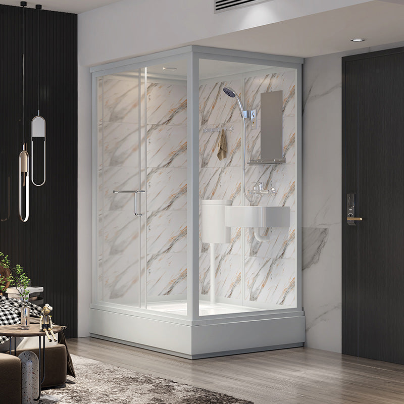 Single Sliding Frosted Glass Shower Enclosure Framed Shower Enclosure in White Clearhalo 'Bathroom Remodel & Bathroom Fixtures' 'Home Improvement' 'home_improvement' 'home_improvement_shower_stalls_enclosures' 'Shower Stalls & Enclosures' 'shower_stalls_enclosures' 'Showers & Bathtubs' 6484755