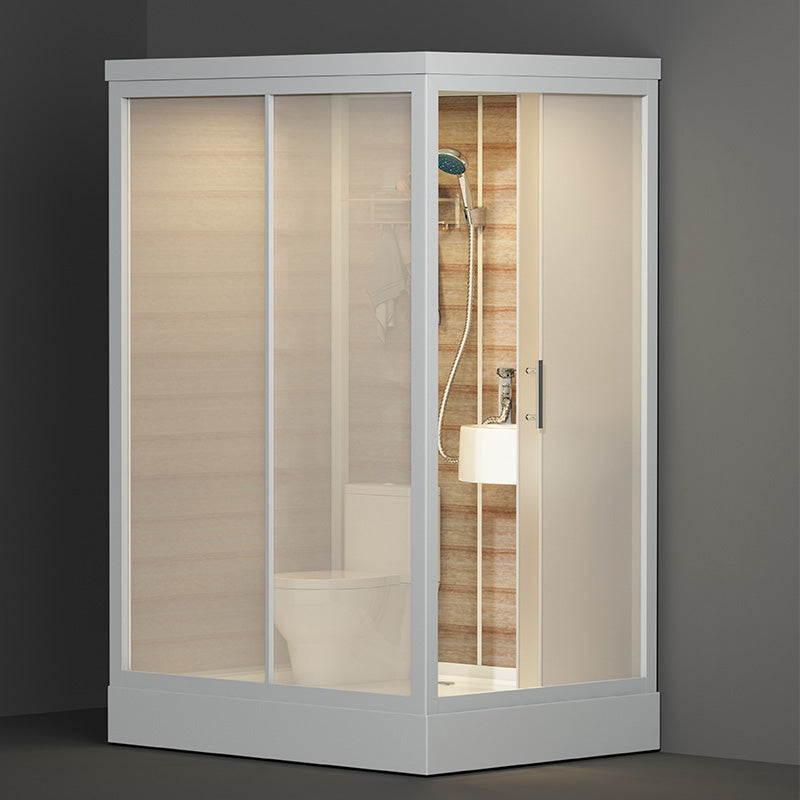Single Sliding Frosted Glass Shower Enclosure Framed Shower Enclosure in White 55"L x 43"W x 91"H Toilet Included Sided Opening Clearhalo 'Bathroom Remodel & Bathroom Fixtures' 'Home Improvement' 'home_improvement' 'home_improvement_shower_stalls_enclosures' 'Shower Stalls & Enclosures' 'shower_stalls_enclosures' 'Showers & Bathtubs' 6484756