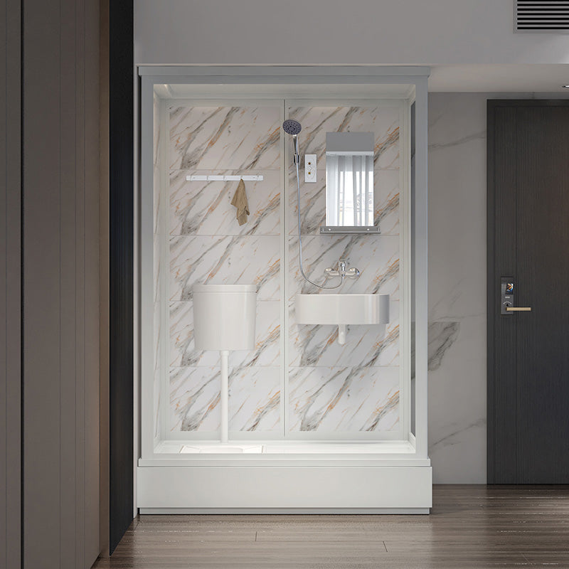 Single Sliding Frosted Glass Shower Enclosure Framed Shower Enclosure in White Clearhalo 'Bathroom Remodel & Bathroom Fixtures' 'Home Improvement' 'home_improvement' 'home_improvement_shower_stalls_enclosures' 'Shower Stalls & Enclosures' 'shower_stalls_enclosures' 'Showers & Bathtubs' 6484758