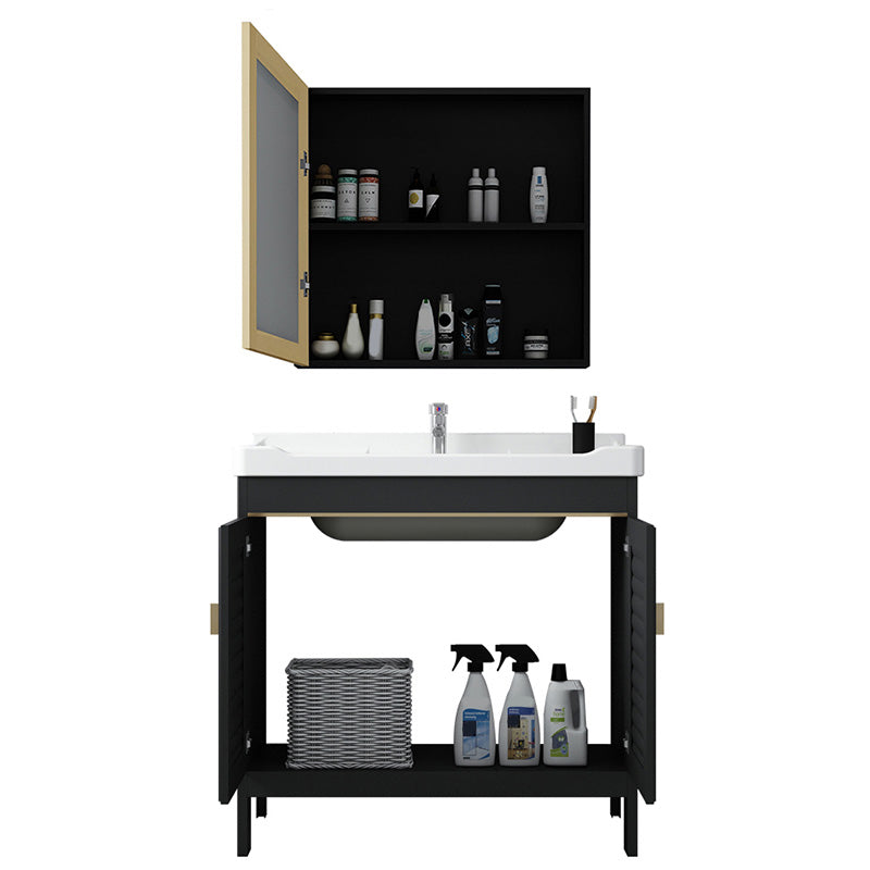 Modern Metal Sink Cabinet Mirror Wall-Mounted Bathroom Vanity Cabinet in Black Clearhalo 'Bathroom Remodel & Bathroom Fixtures' 'Bathroom Vanities' 'bathroom_vanities' 'Home Improvement' 'home_improvement' 'home_improvement_bathroom_vanities' 6484825