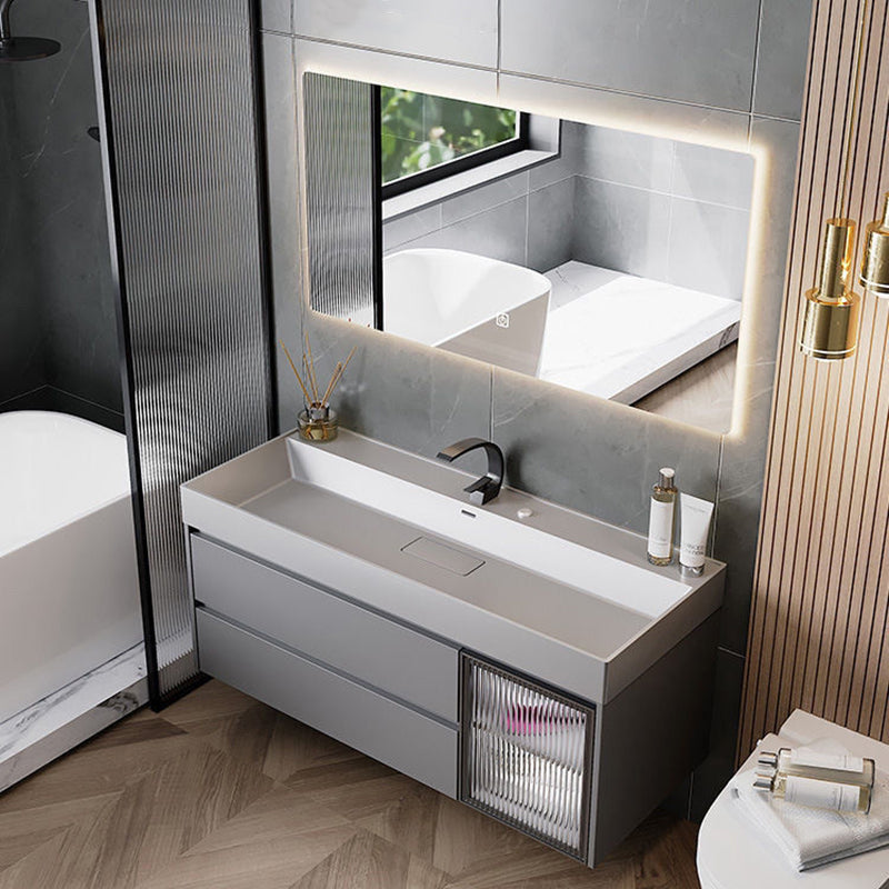 Drawers Bathroom Vanity Metal Single Sink Grey Rectangle Wall Mount Vanity Set with Mirror Clearhalo 'Bathroom Remodel & Bathroom Fixtures' 'Bathroom Vanities' 'bathroom_vanities' 'Home Improvement' 'home_improvement' 'home_improvement_bathroom_vanities' 6484922