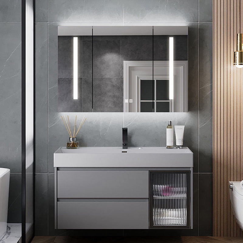 Drawers Bathroom Vanity Metal Single Sink Grey Rectangle Wall Mount Vanity Set with Mirror Clearhalo 'Bathroom Remodel & Bathroom Fixtures' 'Bathroom Vanities' 'bathroom_vanities' 'Home Improvement' 'home_improvement' 'home_improvement_bathroom_vanities' 6484924