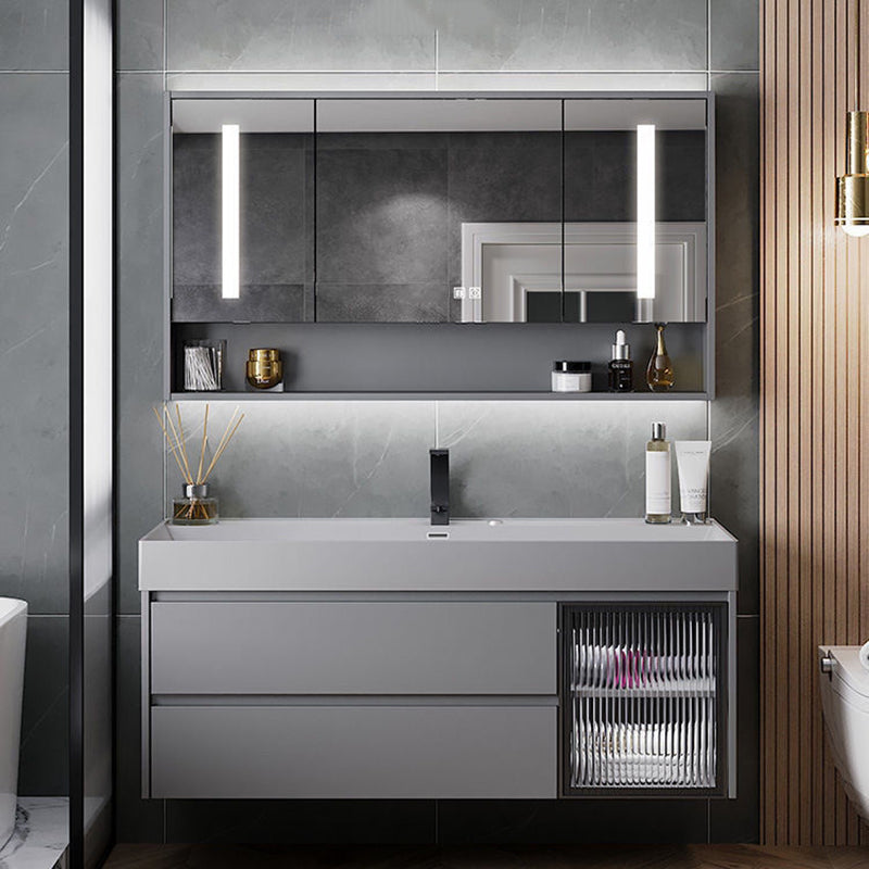 Drawers Bathroom Vanity Metal Single Sink Grey Rectangle Wall Mount Vanity Set with Mirror Clearhalo 'Bathroom Remodel & Bathroom Fixtures' 'Bathroom Vanities' 'bathroom_vanities' 'Home Improvement' 'home_improvement' 'home_improvement_bathroom_vanities' 6484925