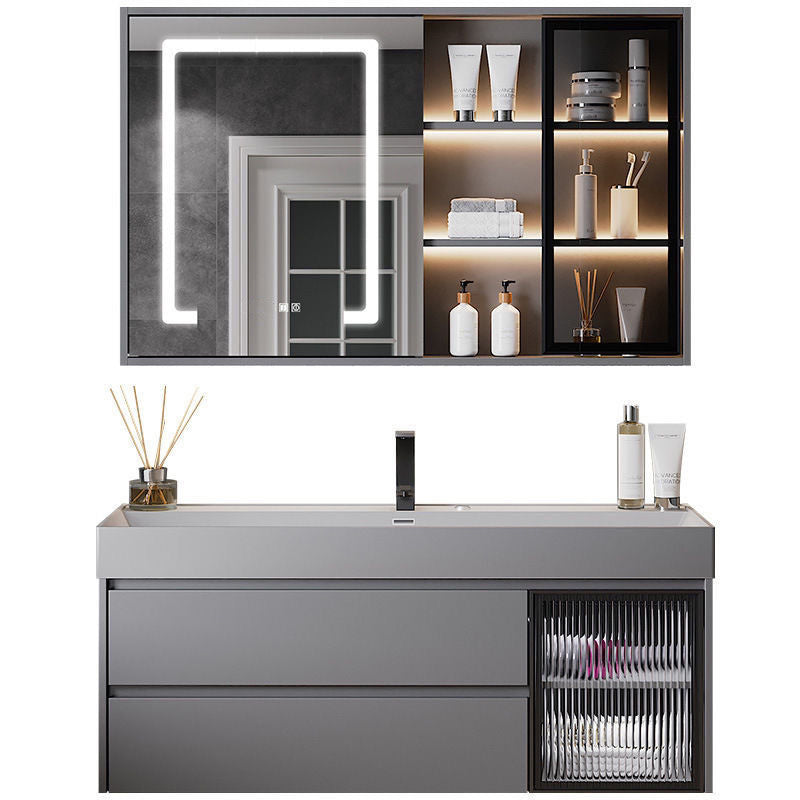Drawers Bathroom Vanity Metal Single Sink Grey Rectangle Wall Mount Vanity Set with Mirror Clearhalo 'Bathroom Remodel & Bathroom Fixtures' 'Bathroom Vanities' 'bathroom_vanities' 'Home Improvement' 'home_improvement' 'home_improvement_bathroom_vanities' 6484927
