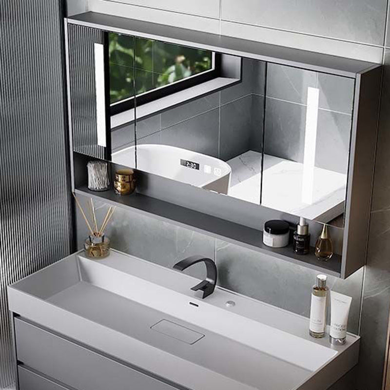 Drawers Bathroom Vanity Metal Single Sink Grey Rectangle Wall Mount Vanity Set with Mirror Clearhalo 'Bathroom Remodel & Bathroom Fixtures' 'Bathroom Vanities' 'bathroom_vanities' 'Home Improvement' 'home_improvement' 'home_improvement_bathroom_vanities' 6484929