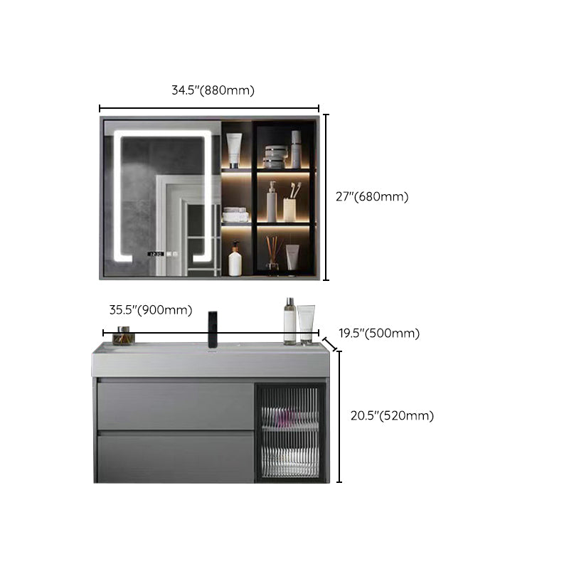 Drawers Bathroom Vanity Metal Single Sink Grey Rectangle Wall Mount Vanity Set with Mirror Clearhalo 'Bathroom Remodel & Bathroom Fixtures' 'Bathroom Vanities' 'bathroom_vanities' 'Home Improvement' 'home_improvement' 'home_improvement_bathroom_vanities' 6484962