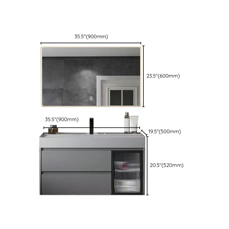 Drawers Bathroom Vanity Metal Single Sink Grey Rectangle Wall Mount Vanity Set with Mirror Clearhalo 'Bathroom Remodel & Bathroom Fixtures' 'Bathroom Vanities' 'bathroom_vanities' 'Home Improvement' 'home_improvement' 'home_improvement_bathroom_vanities' 6484968