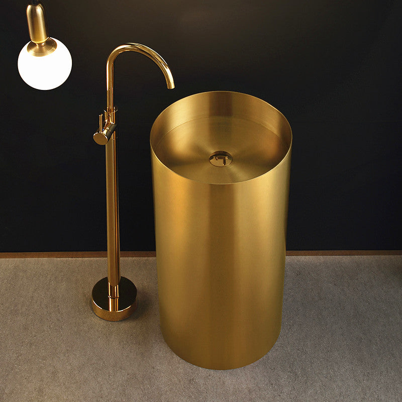 Modern Metal Bathroom Sink Round Bathroom Sink with Basin and Faucet Gold Gooseneck High Arc Sink with Faucet Clearhalo 'Bathroom Remodel & Bathroom Fixtures' 'Bathroom Sinks & Faucet Components' 'Bathroom Sinks' 'bathroom_sink' 'Home Improvement' 'home_improvement' 'home_improvement_bathroom_sink' 6485207