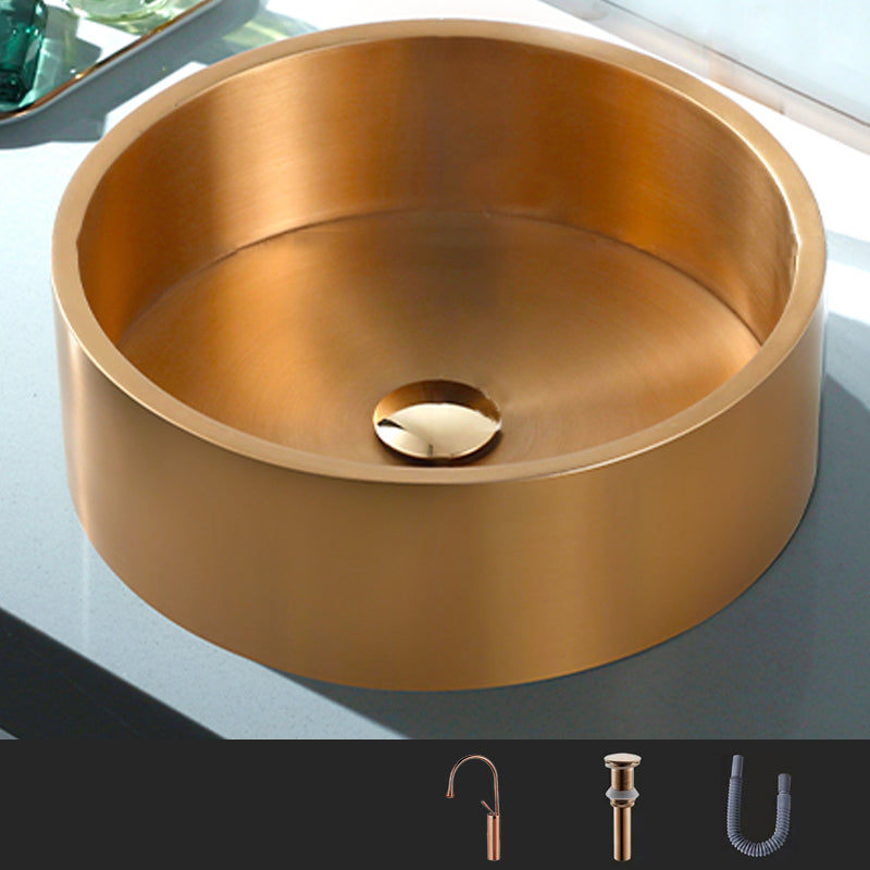 Metal Bathroom Sink Round Bathroom Sink with Overflow And Drain Assembly Rose Gold Gooseneck High Arc Sink with Faucet Clearhalo 'Bathroom Remodel & Bathroom Fixtures' 'Bathroom Sinks & Faucet Components' 'Bathroom Sinks' 'bathroom_sink' 'Home Improvement' 'home_improvement' 'home_improvement_bathroom_sink' 6485318