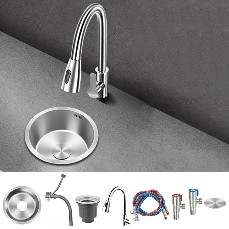 Contemporary Style Kitchen Sink Stainless Steel Round Kitchen Sink 11"L x 11"W x 6.5"H Sink with Faucet Pull Out Faucet Clearhalo 'Home Improvement' 'home_improvement' 'home_improvement_kitchen_sinks' 'Kitchen Remodel & Kitchen Fixtures' 'Kitchen Sinks & Faucet Components' 'Kitchen Sinks' 'kitchen_sinks' 6485533