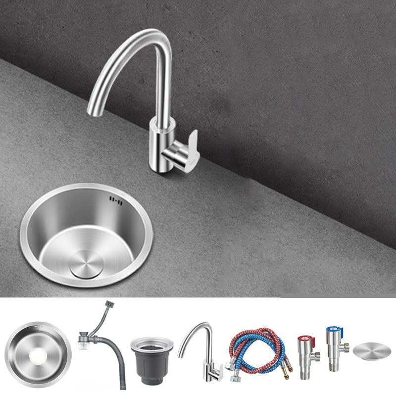 Contemporary Style Kitchen Sink Stainless Steel Round Kitchen Sink 11"L x 11"W x 6.5"H Sink with Faucet Round Faucet Clearhalo 'Home Improvement' 'home_improvement' 'home_improvement_kitchen_sinks' 'Kitchen Remodel & Kitchen Fixtures' 'Kitchen Sinks & Faucet Components' 'Kitchen Sinks' 'kitchen_sinks' 6485534