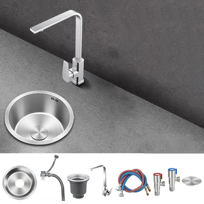 Contemporary Style Kitchen Sink Stainless Steel Round Kitchen Sink 11"L x 11"W x 6.5"H Sink with Faucet Square Faucet Clearhalo 'Home Improvement' 'home_improvement' 'home_improvement_kitchen_sinks' 'Kitchen Remodel & Kitchen Fixtures' 'Kitchen Sinks & Faucet Components' 'Kitchen Sinks' 'kitchen_sinks' 6485536