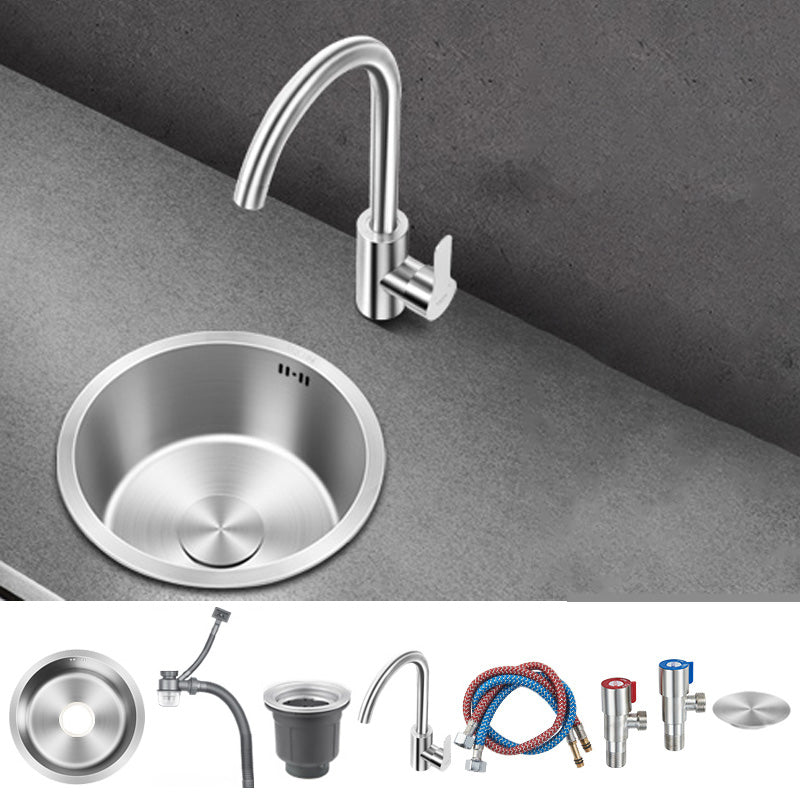 Contemporary Style Kitchen Sink Stainless Steel Round Kitchen Sink 13"L x 13"W x 7"H Sink with Faucet Round Faucet Clearhalo 'Home Improvement' 'home_improvement' 'home_improvement_kitchen_sinks' 'Kitchen Remodel & Kitchen Fixtures' 'Kitchen Sinks & Faucet Components' 'Kitchen Sinks' 'kitchen_sinks' 6485540