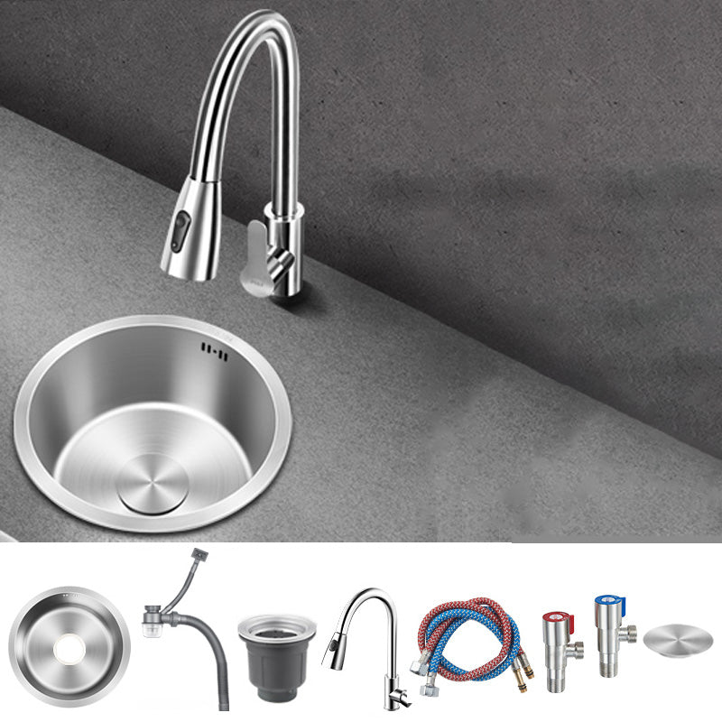 Contemporary Style Kitchen Sink Stainless Steel Round Kitchen Sink 13"L x 13"W x 7"H Sink with Faucet Pull Out Faucet Clearhalo 'Home Improvement' 'home_improvement' 'home_improvement_kitchen_sinks' 'Kitchen Remodel & Kitchen Fixtures' 'Kitchen Sinks & Faucet Components' 'Kitchen Sinks' 'kitchen_sinks' 6485542